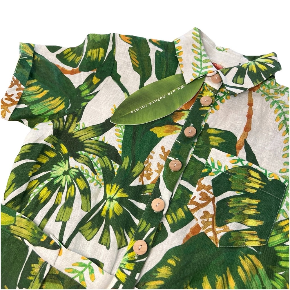 NWT Farm Rio‎ Womens XXS Jumpsuit Green Tropical Palm Leaf Linen Button Front